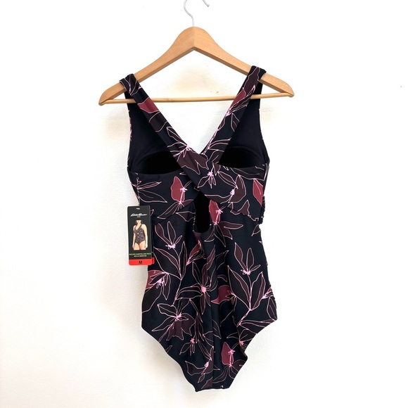 Eddie Bauer Ruched Shaping One Piece Swimsuit Bathing Suit Black Floral M NEW - Picture 4 of 14